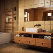 Modern wood vanity with a white vessel sink, black fixtures, and custom storage, designed by a professional bathroom designer in New Hampshire.
