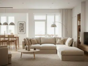 Concept for an open living room design. New Hampshire home renovators remove structural walls, add storage, and improve the overall layout of the room.