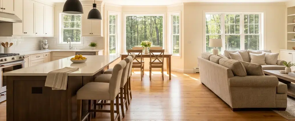 Remodeled open-concept kitchen and living area featuring new oak hardwood floors, natural sunlight, and freshly painted neutral walls in a traditional New Hampshire home, showcasing high-value renovation using the 30 percent rule.