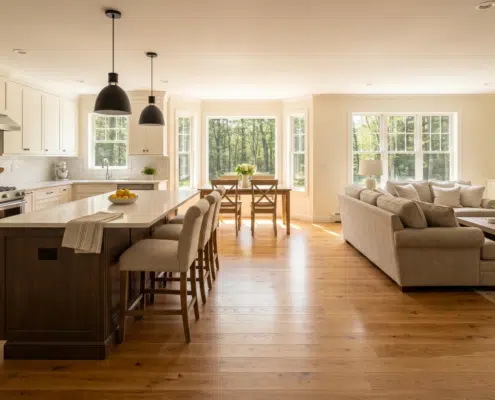 Remodeled open-concept kitchen and living area featuring new oak hardwood floors, natural sunlight, and freshly painted neutral walls in a traditional New Hampshire home, showcasing high-value renovation using the 30 percent rule.