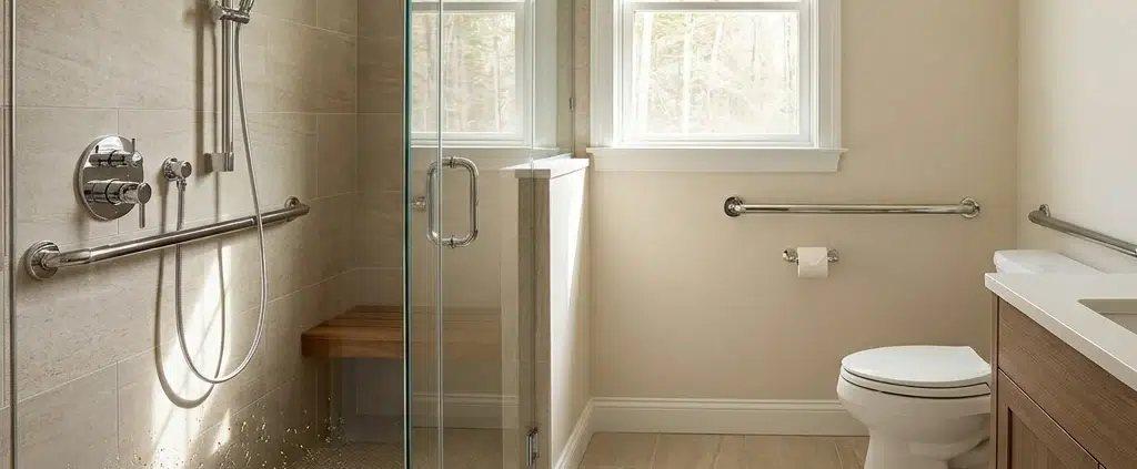 Modern aging-in-place bathroom remodel in New Hampshire. This comfortable, modern retreat features a custom walk-in shower with a glass enclosure, built-in shower bench, and an adjustable hand-shower system. For added safety without sacrificing style, it includes properly blocked, permanently installed grab bars rather than unreliable suction cups.