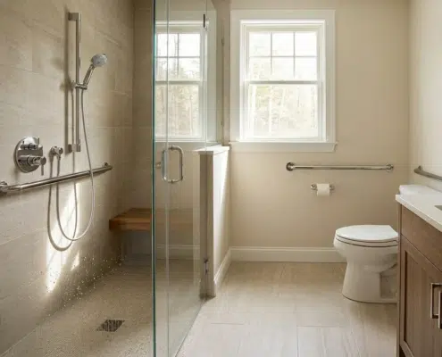 Modern aging-in-place bathroom remodel in New Hampshire. This comfortable, modern retreat features a custom walk-in shower with a glass enclosure, built-in shower bench, and an adjustable hand-shower system. For added safety without sacrificing style, it includes properly blocked, permanently installed grab bars rather than unreliable suction cups.
