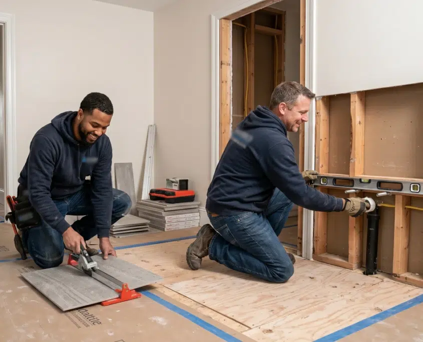 The Shapiro Bathrooms & More remodeling team working on a senior-friendly residential bathroom remodel in New Hampshire. As an owner-operated local business, they prioritize craftsmanship and respect for your home, taking extra care to protect floors and maintain an organized, clean workspace during construction.