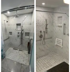 Examples of finished New Hampshire wetroom projects by Shapiro Bathrooms. Wetrooms with open showers and linear drains.