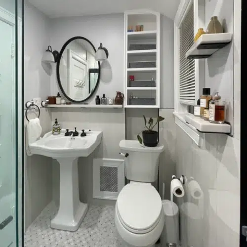 European-style vanity and toilet in a wetroom. New Hampshire bathroom layout by Shapiro Bathrooms & More.