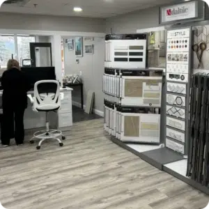 Shapiro Bathrooms & More showroom with Daltile displays where homeowners pick tile and finishes during a bathroom design consultation.