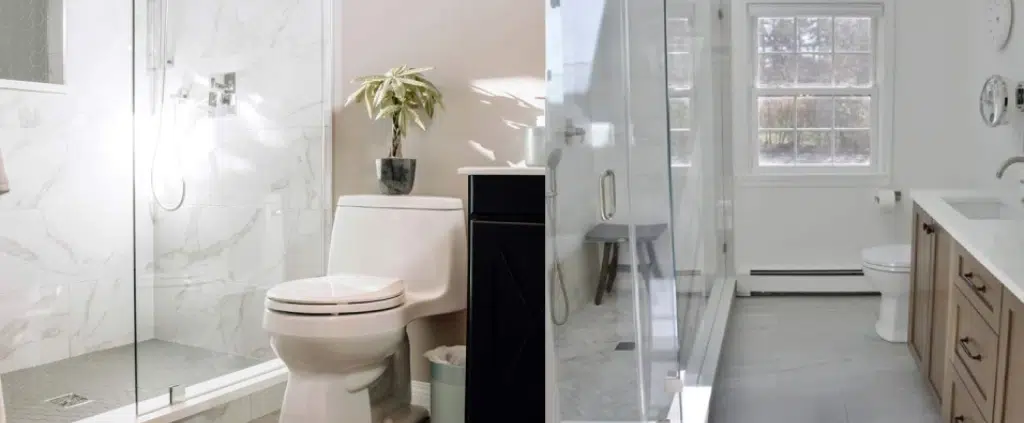 Side-by-side small bathroom designs with clear glass showers, marble-look tile walls and compact vanities by Shapiro Bathrooms & More.