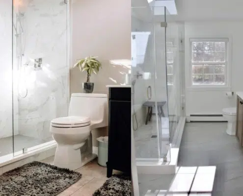 Side-by-side small bathroom designs with clear glass showers, marble-look tile walls and compact vanities by Shapiro Bathrooms & More.